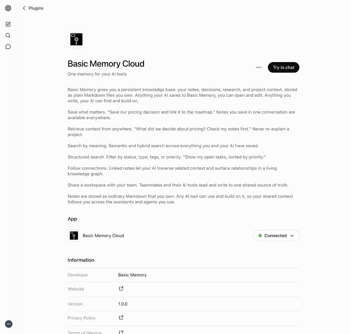 Basic Memory Cloud in ChatGPT's Plugin directory