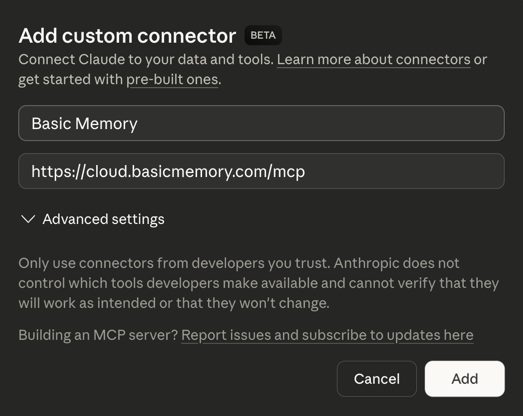 Claude - Add connector dialog