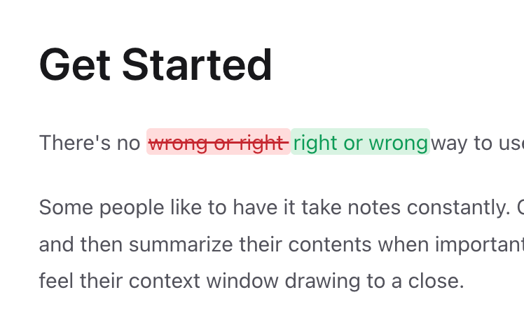 A replacement suggestion shown inline with the original and proposed text