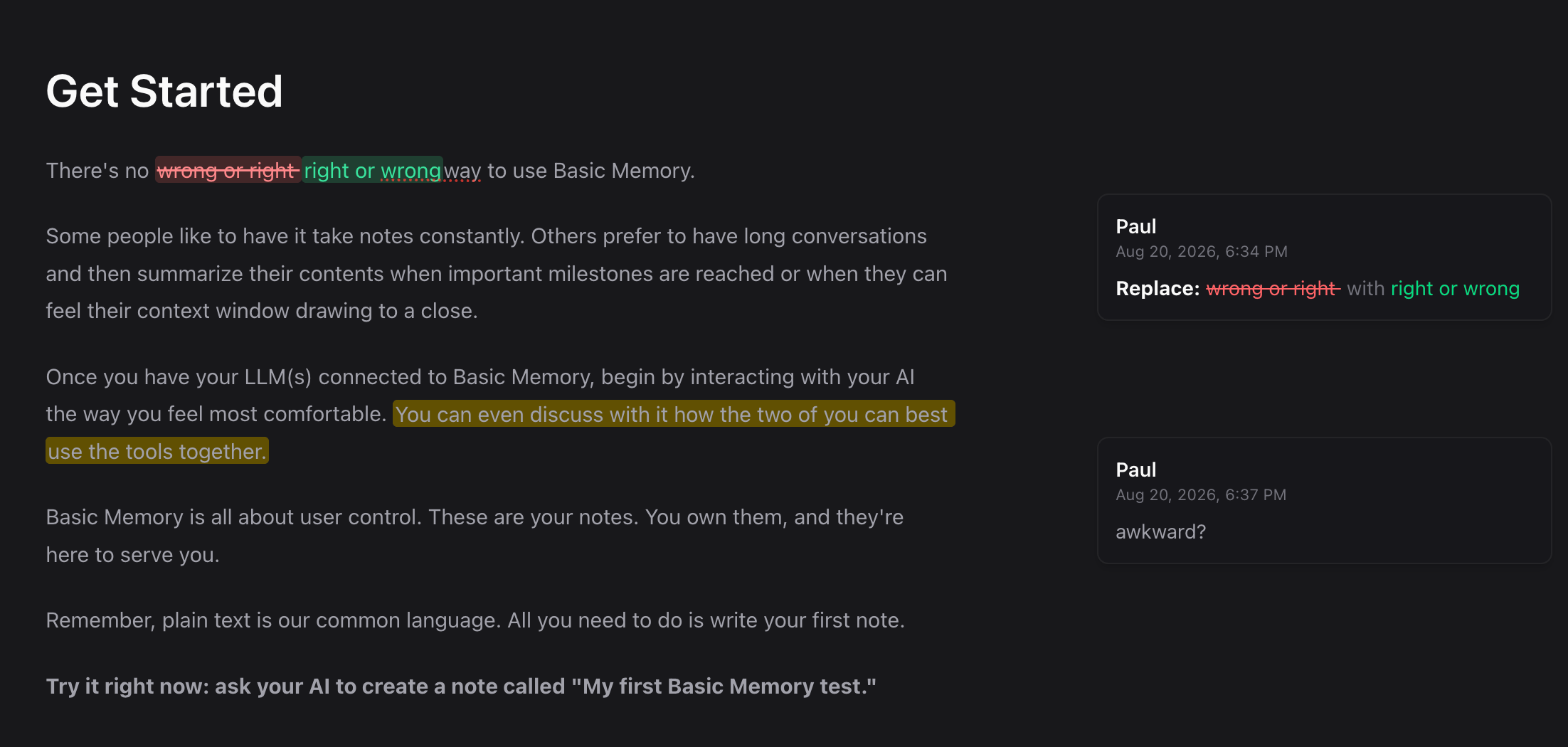 The review rail with a suggestion and comment beside their highlighted passages