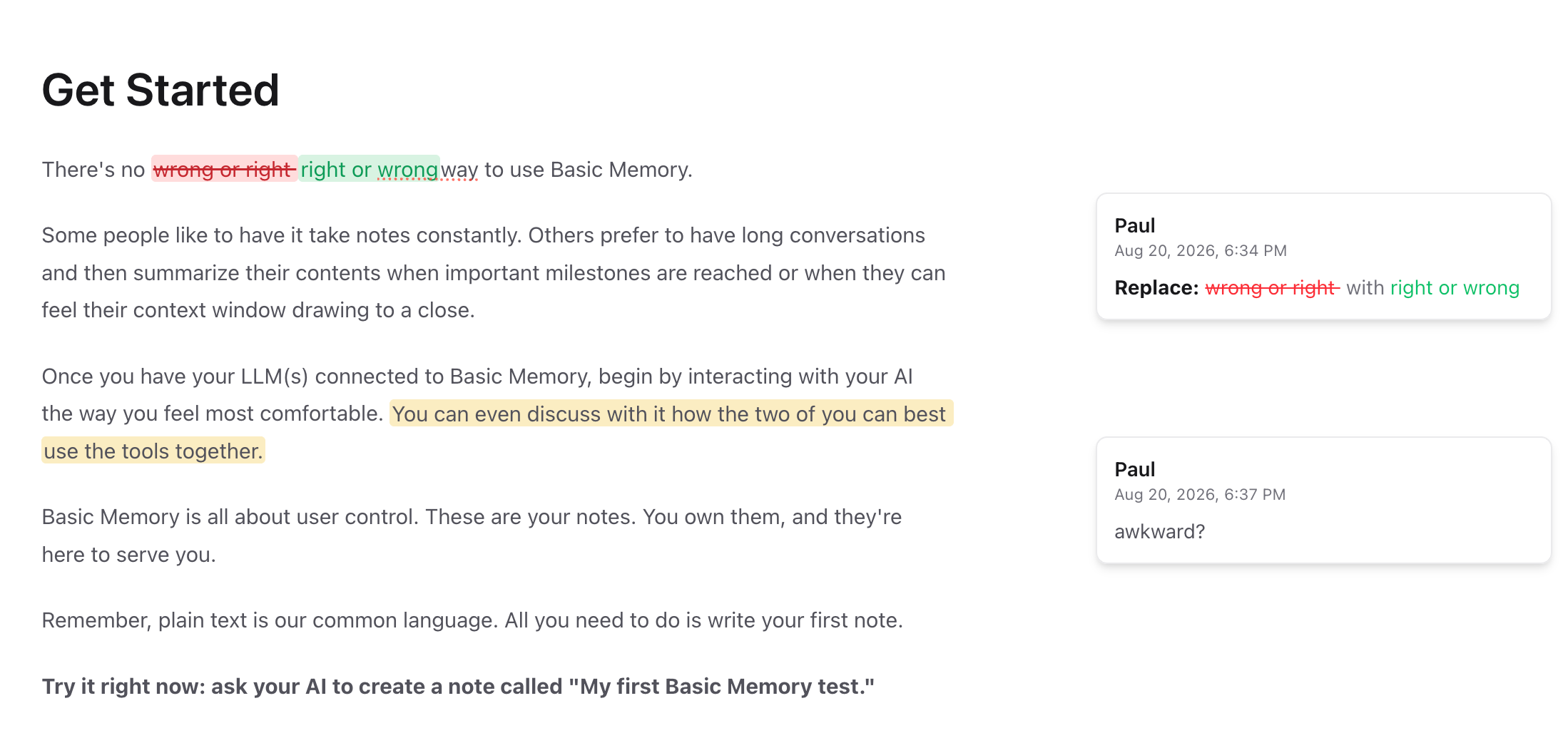 The review rail with a suggestion and comment beside their highlighted passages