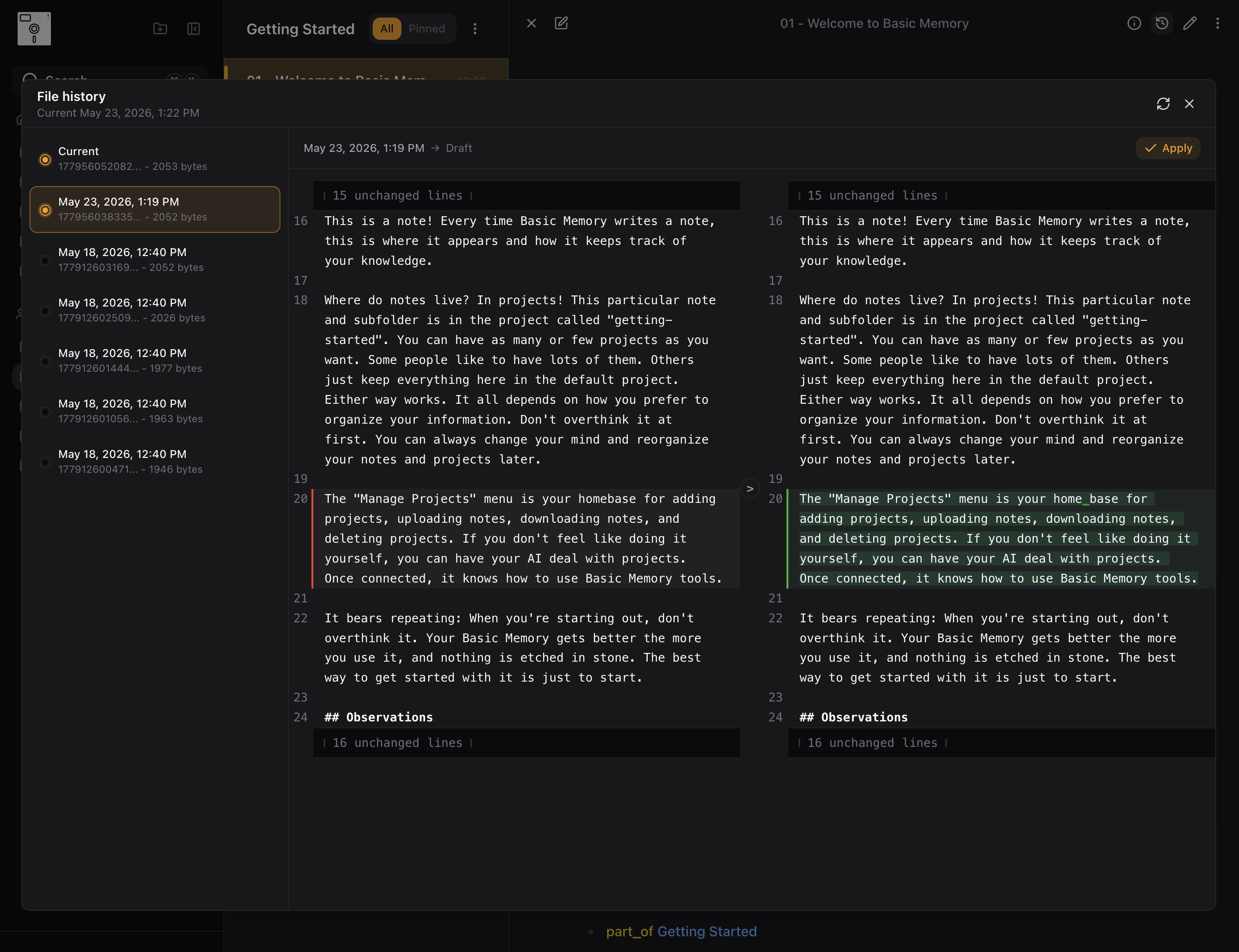 File history modal with version timeline and diff