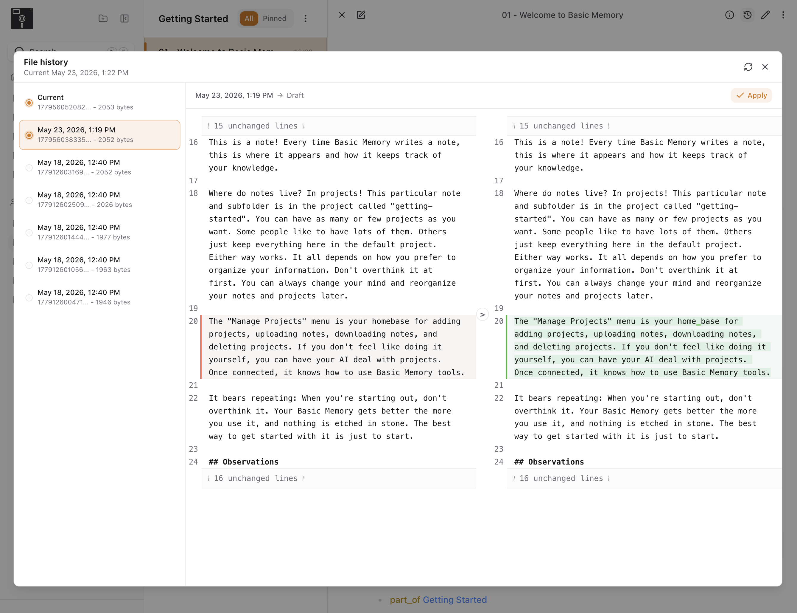 File history modal with version timeline and diff