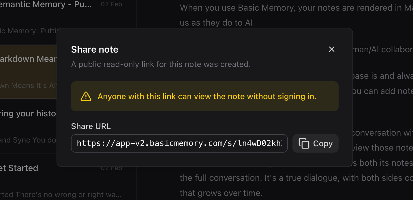Share note dialog with the public link and Copy button