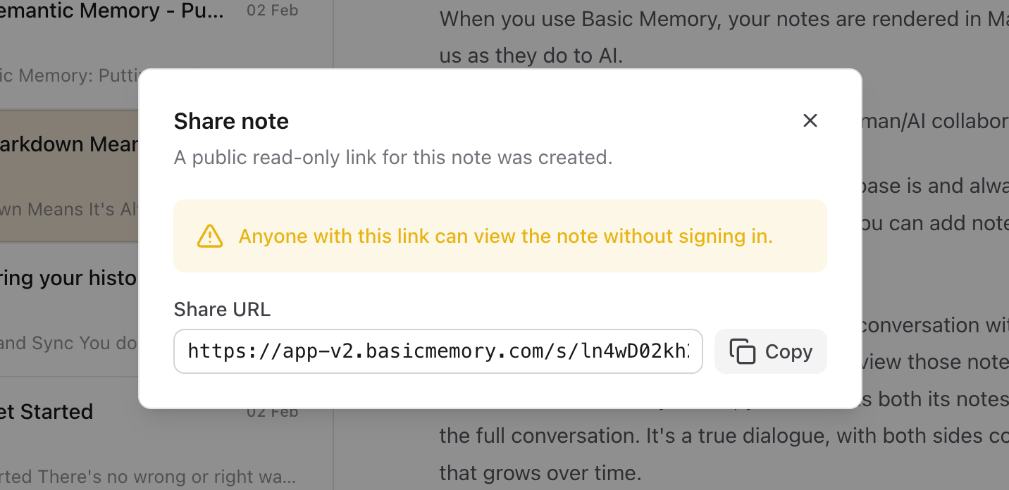 Share note dialog with the public link and Copy button